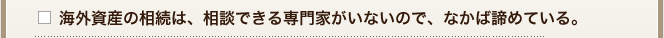 海外資産の相続は、相談できる専門家がいないので、なかば諦めている。